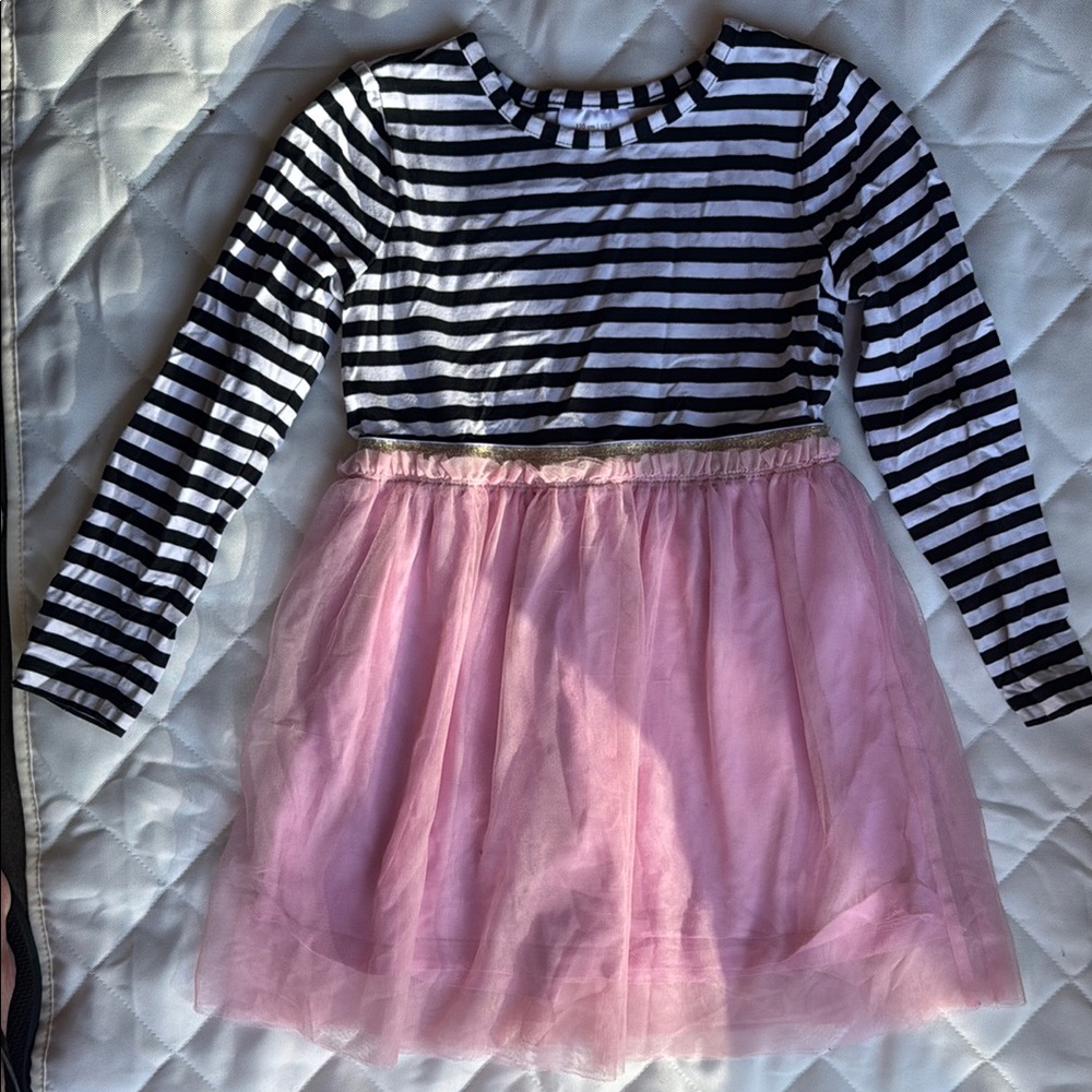 Hanna Andersson Black and White Striped Top with Pink Tulle Skirt Dress.